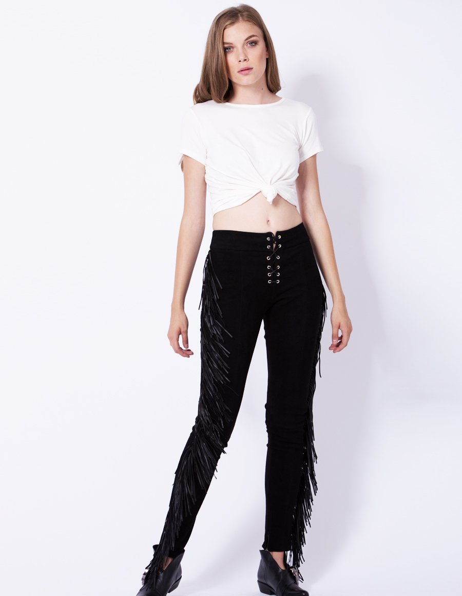Pantaloni lungi din piele intoarsa cu franjuri - MOJA