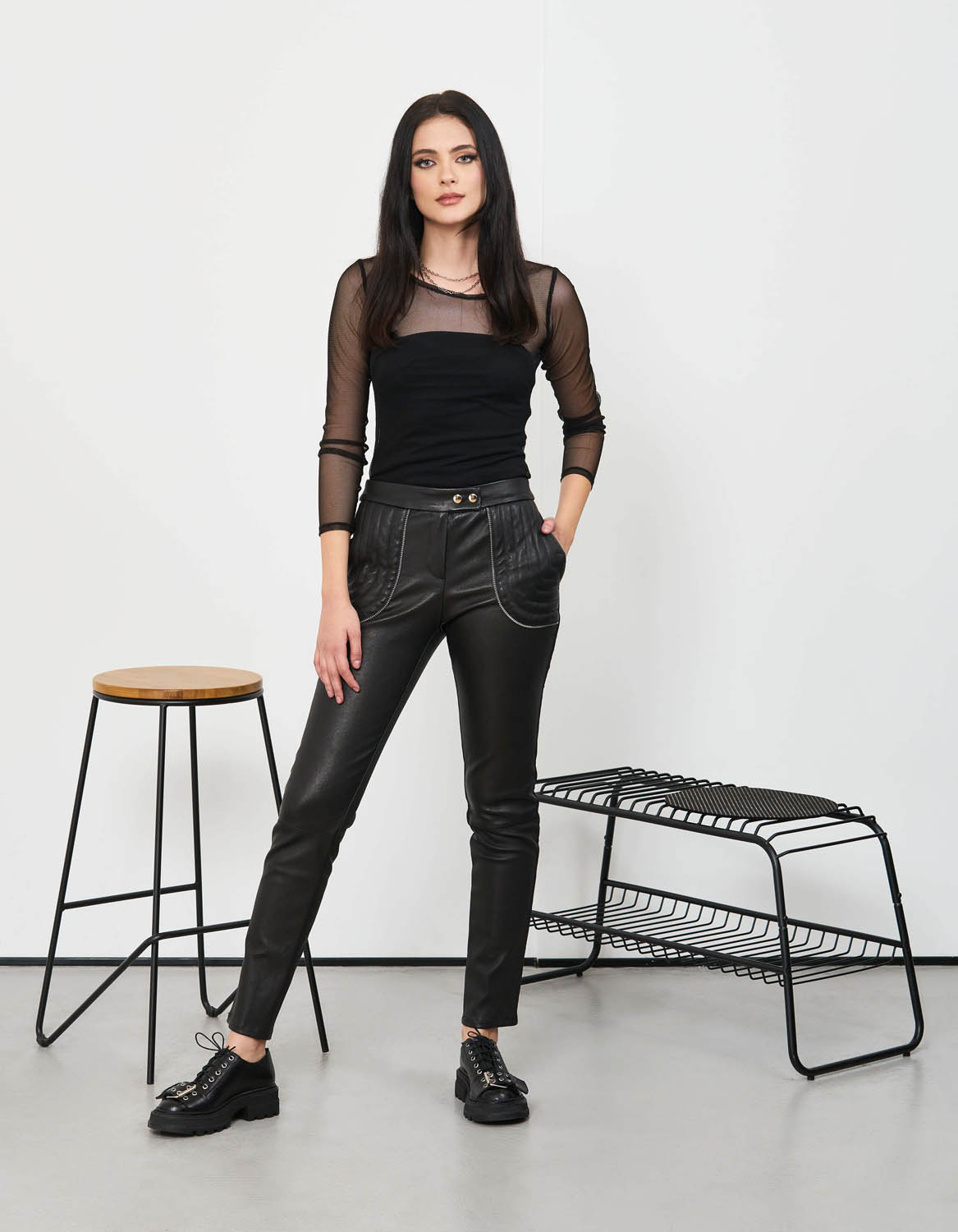 Pantaloni din piele naturala stretch Seam - MOJA