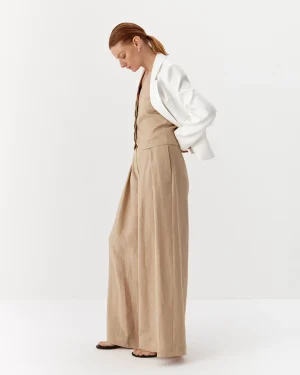 Pantaloni bej eleganți de damă din in pur-2