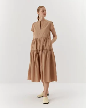 Rochie bej casual cu volane din bumbac organic-1