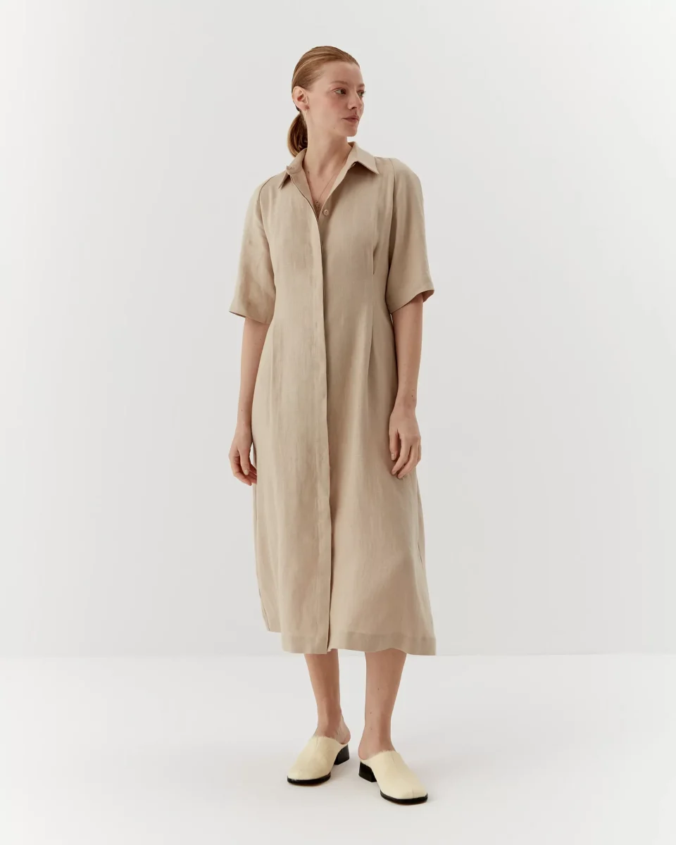 Rochie cămasă elegantă bej din in