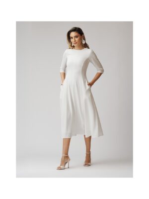 rochie-midi-cambrata-cu-maneci-trei-sferturi-alb